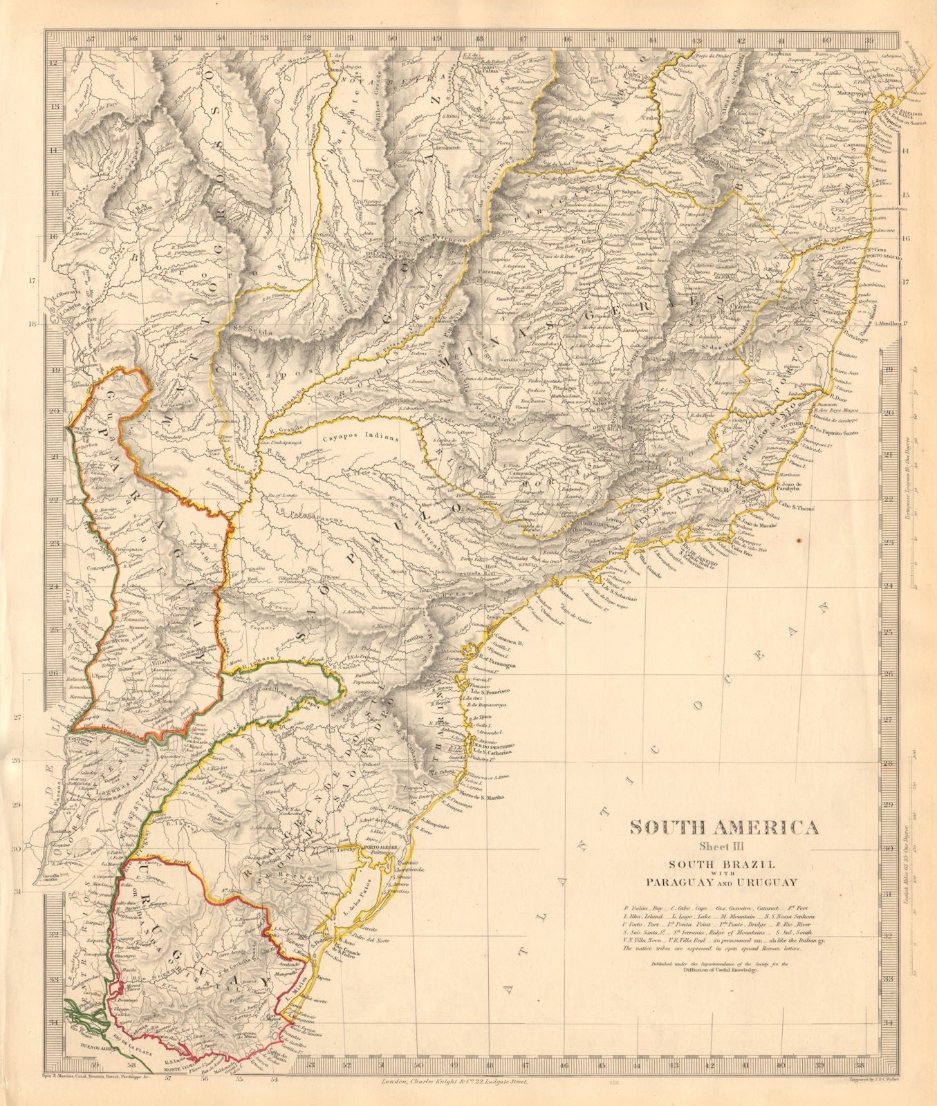 SOUTH BRAZIL PARAGUAY URUGUAY. Bahia Minas Gerais Sao Paolo. SDUK 1846 old map